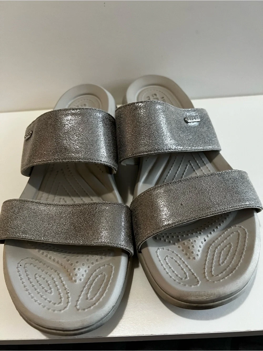Crocs Dual Comfort Metallic Silver Gray Double Strap Slide Sandals